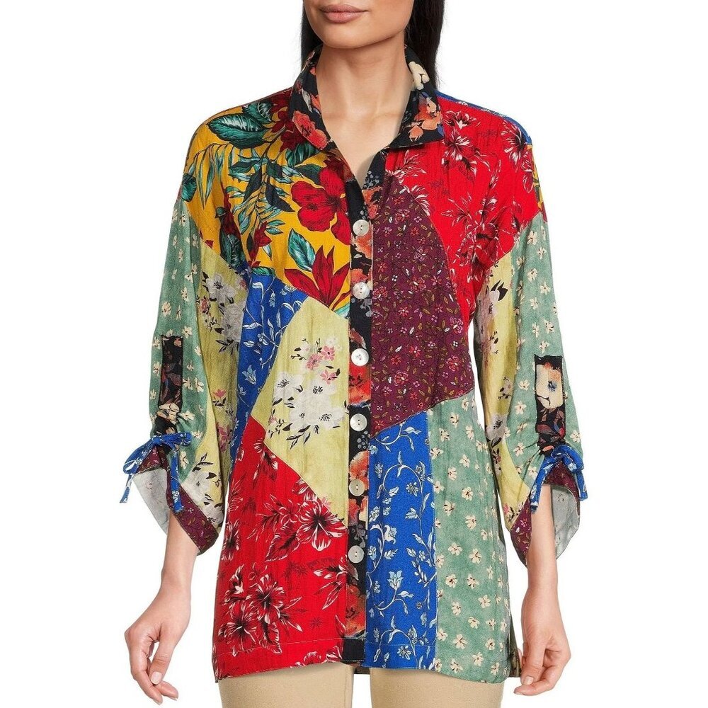 John Mark Tunic Shirt Medium Patchwork Button Down Boho Dopamine Oversized‎ Y2K